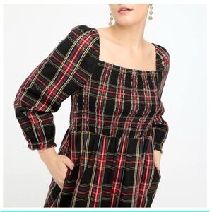 J crew Fac cotton smocked poplin dress tartan black and red
Size Large